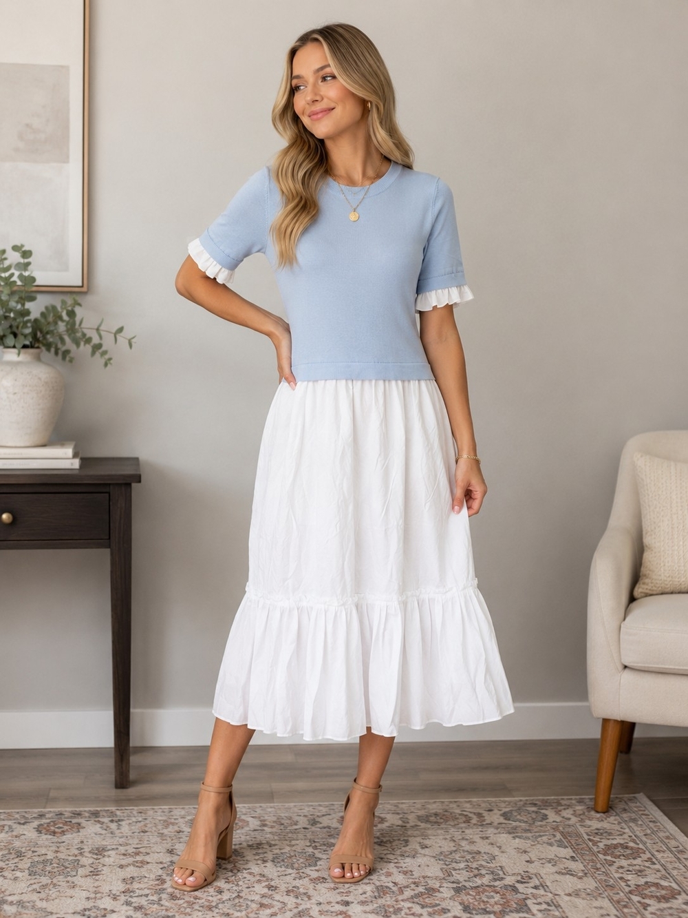 ABLE Los Angeles Blue Knit White Ruffle Sleeve Midi Dress Size Small NWOT